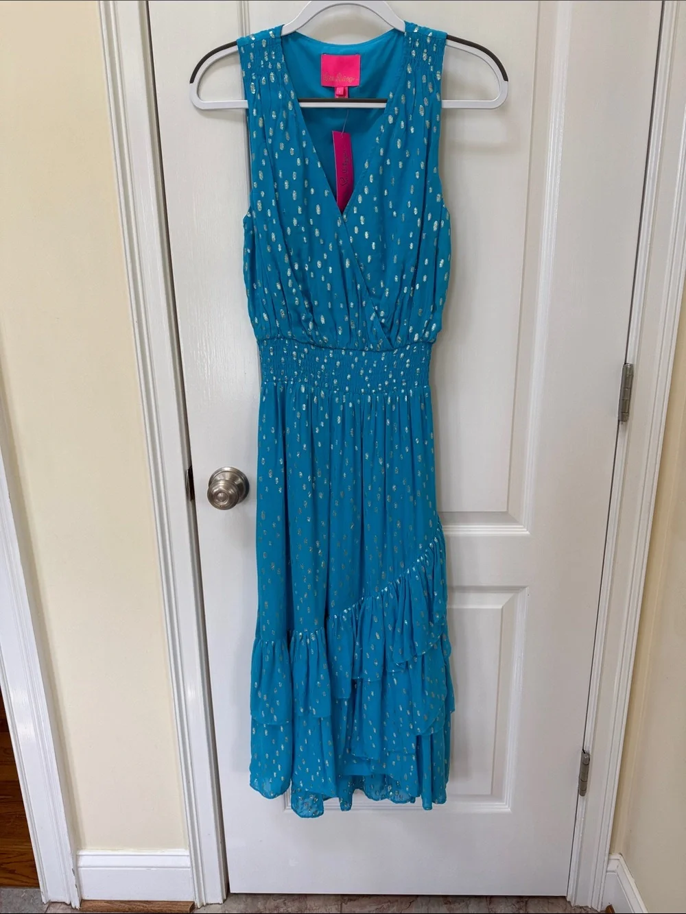 Lilly Pulitzer Teal Sleeveless Smocked Waist Dress with Metallic Dot Print